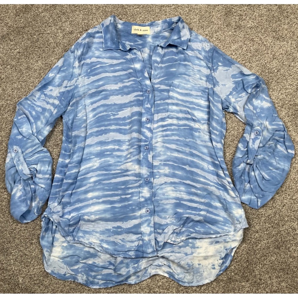 Cloth & Stone Shirt Womens Medium Blue Tie Dye Button Down Roll Tab Beach Boho